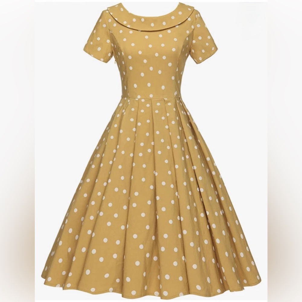 GOWN TOWN Polka Dot Rockabilly Pinup Yellow White Fit & Flare Midi Dress Medium
